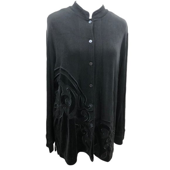 Chico's Slinky Knit Cardigan Jacket Velour Applique Mid Length - Picture 1 of 4